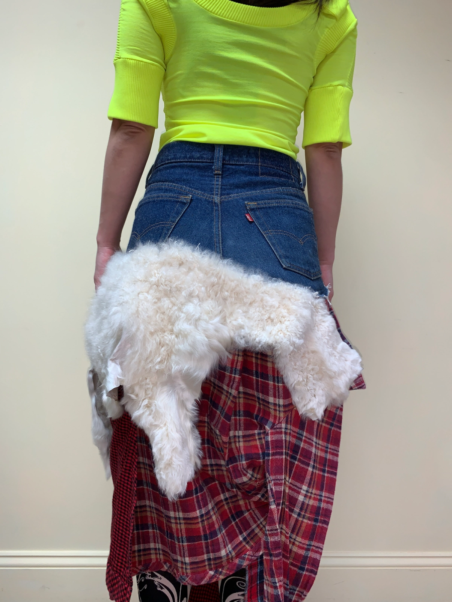 Tomoki Yurita Patchwork Skirt with Plaid Denim and Shearling product image