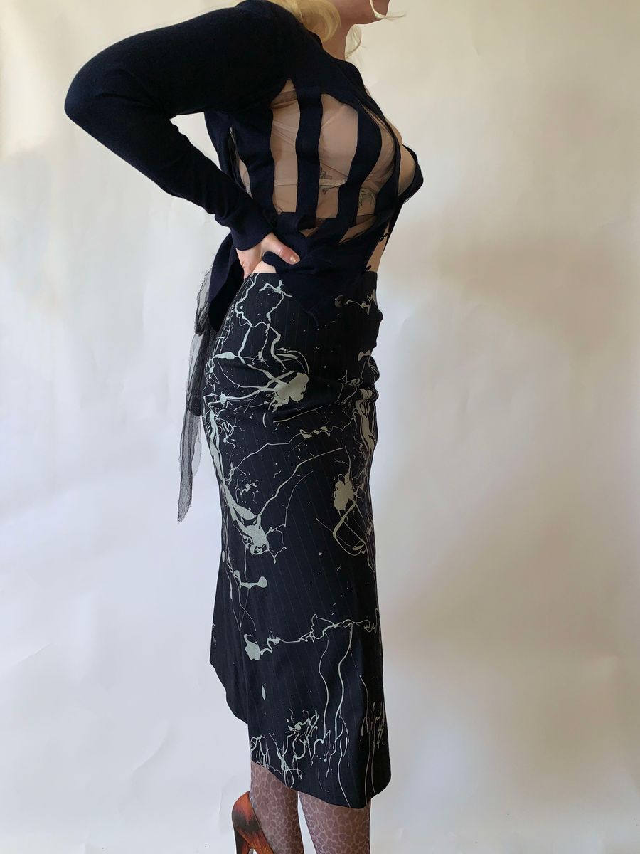 Vintage John Galliano Splatter Pinstripe Skirt w Giant Buttons product image