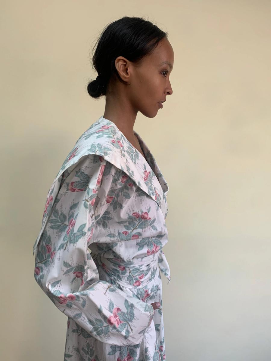 80s Norma Kamali Floral Dress with Oversized Collar product image