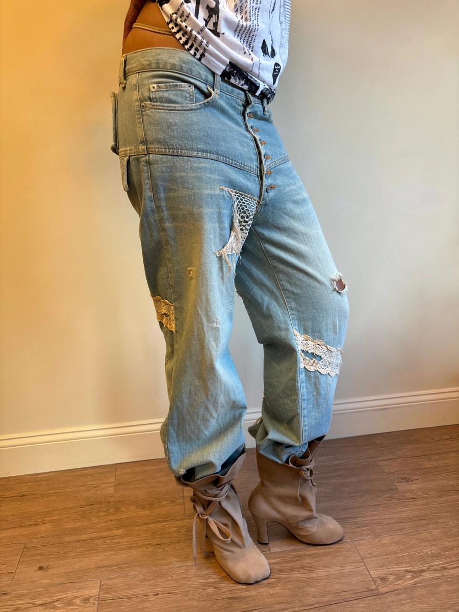 Sunao Kuwahara Lacey Distressed Denim Pants product image