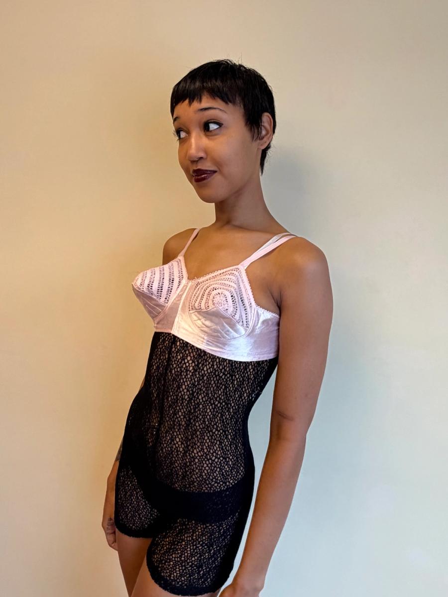 1940s-50s Pink Satin & Crocheted Bullet Bra  product image