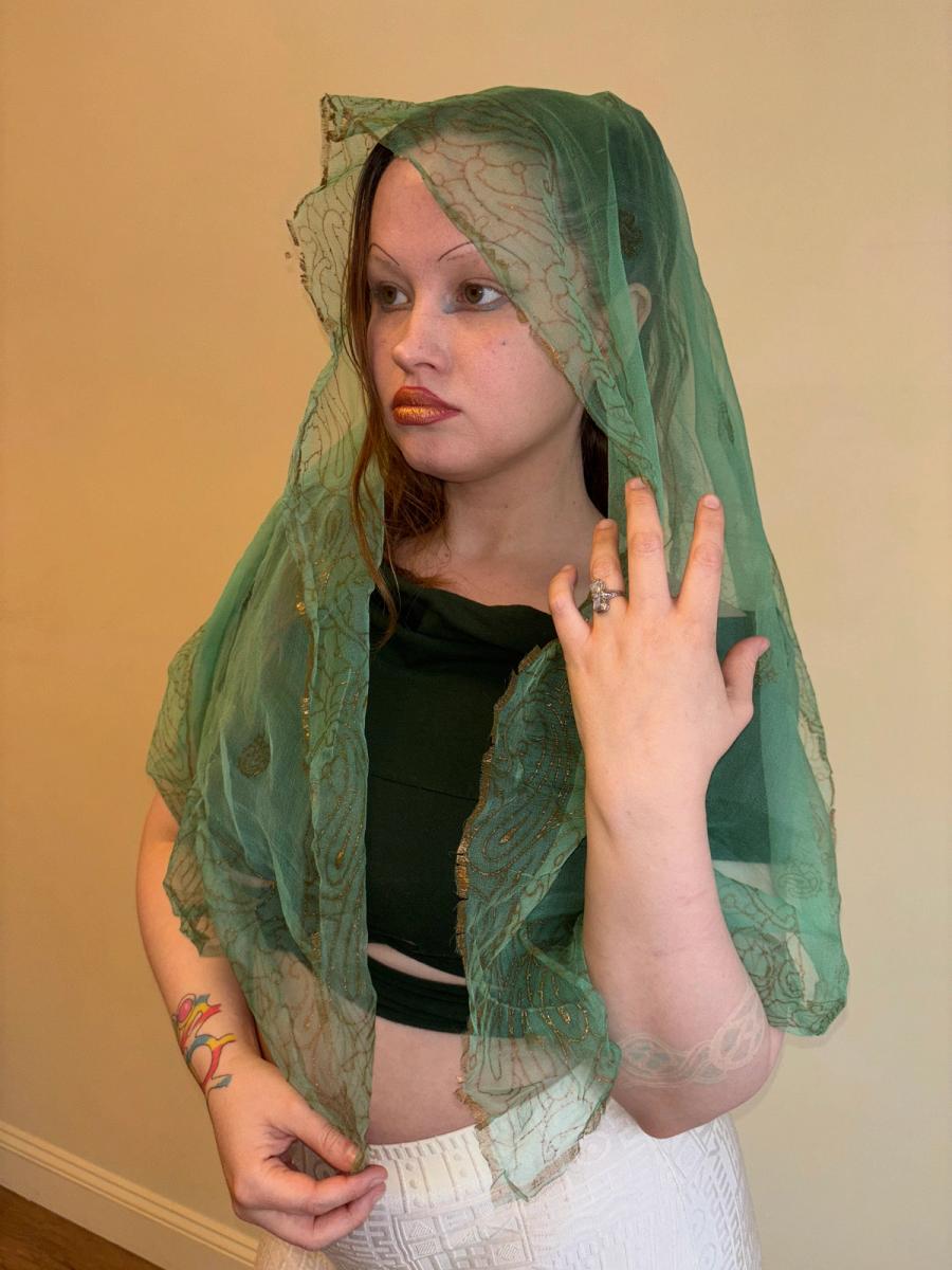 Vintage Indian Silk Scarf with Gold Block Print  product image