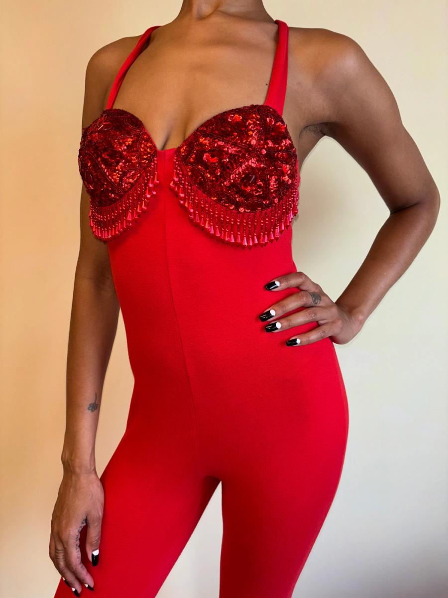 80s Red Beaded Fringe Leotard product image