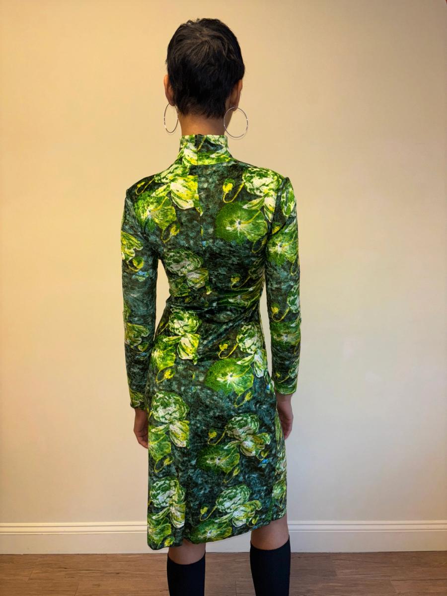 90s Jean Colonna Green Floral Crushed Velvet Dress product image