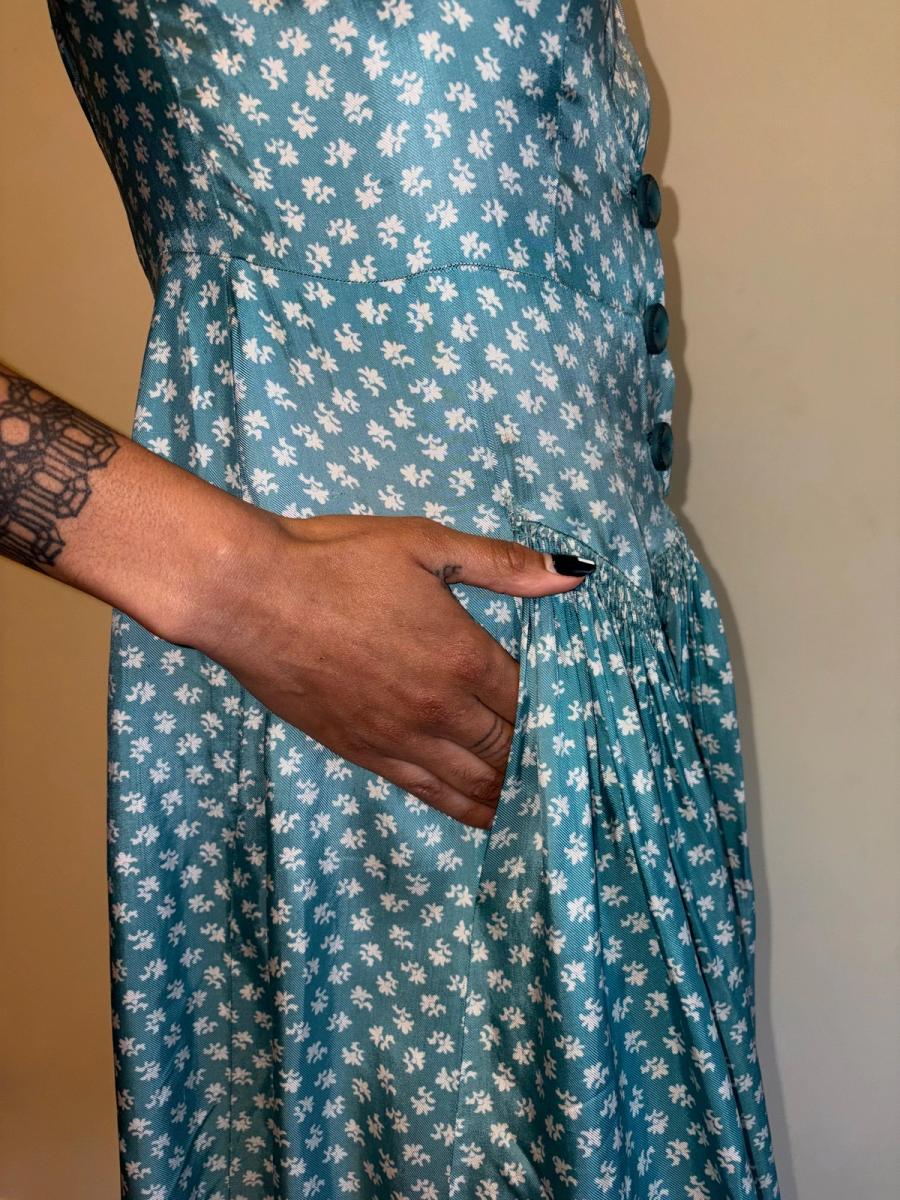 1940s Turquoise Floral Cold Rayon Dress product image