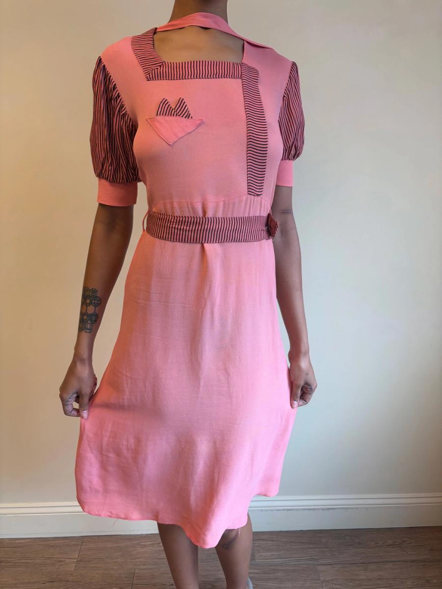 1930s Salmon Pink Day Dress with Scarf Neckline product image