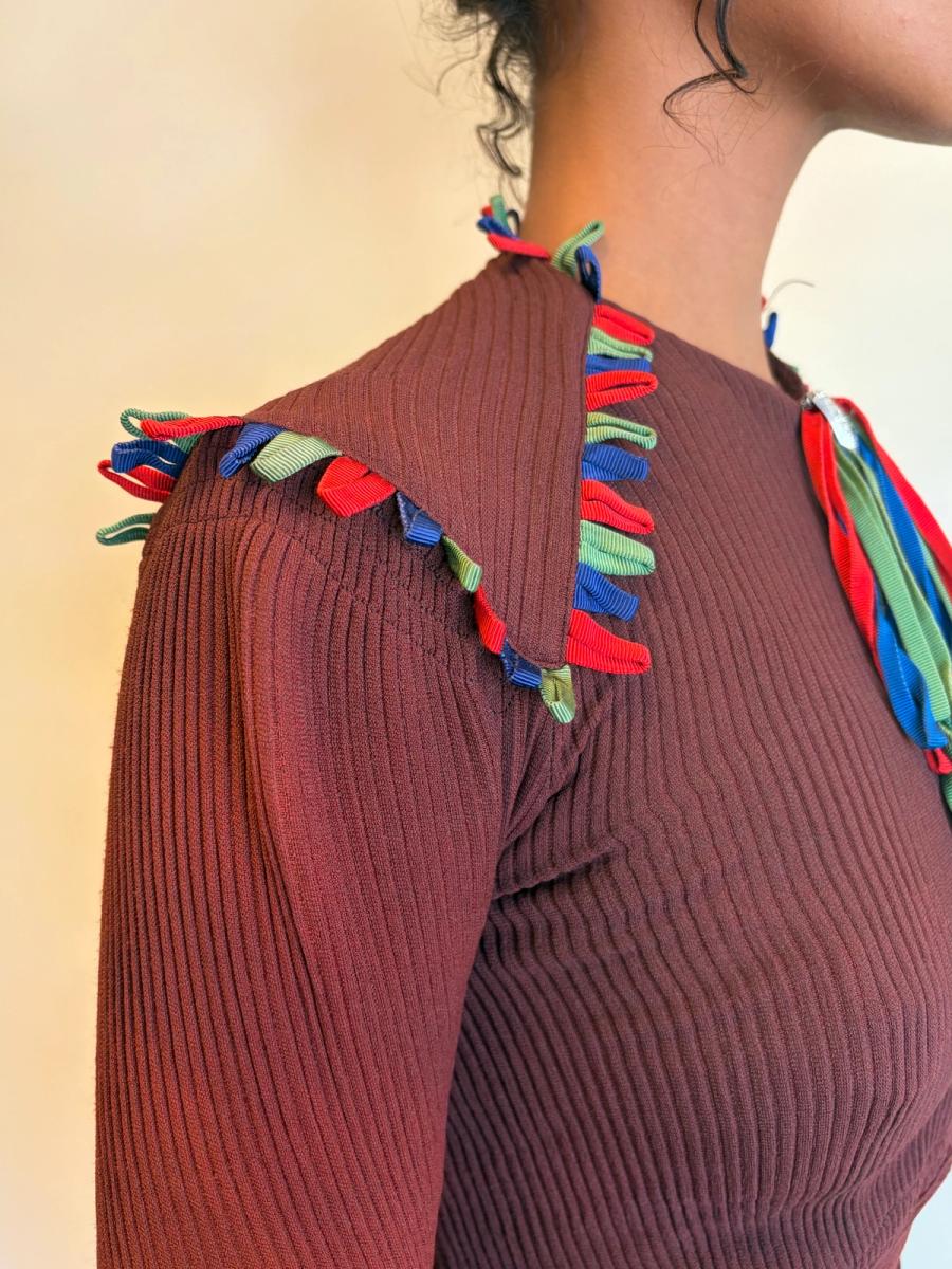 30s or 40s Rib Knit Rhinestone and Ribbon Dress product image