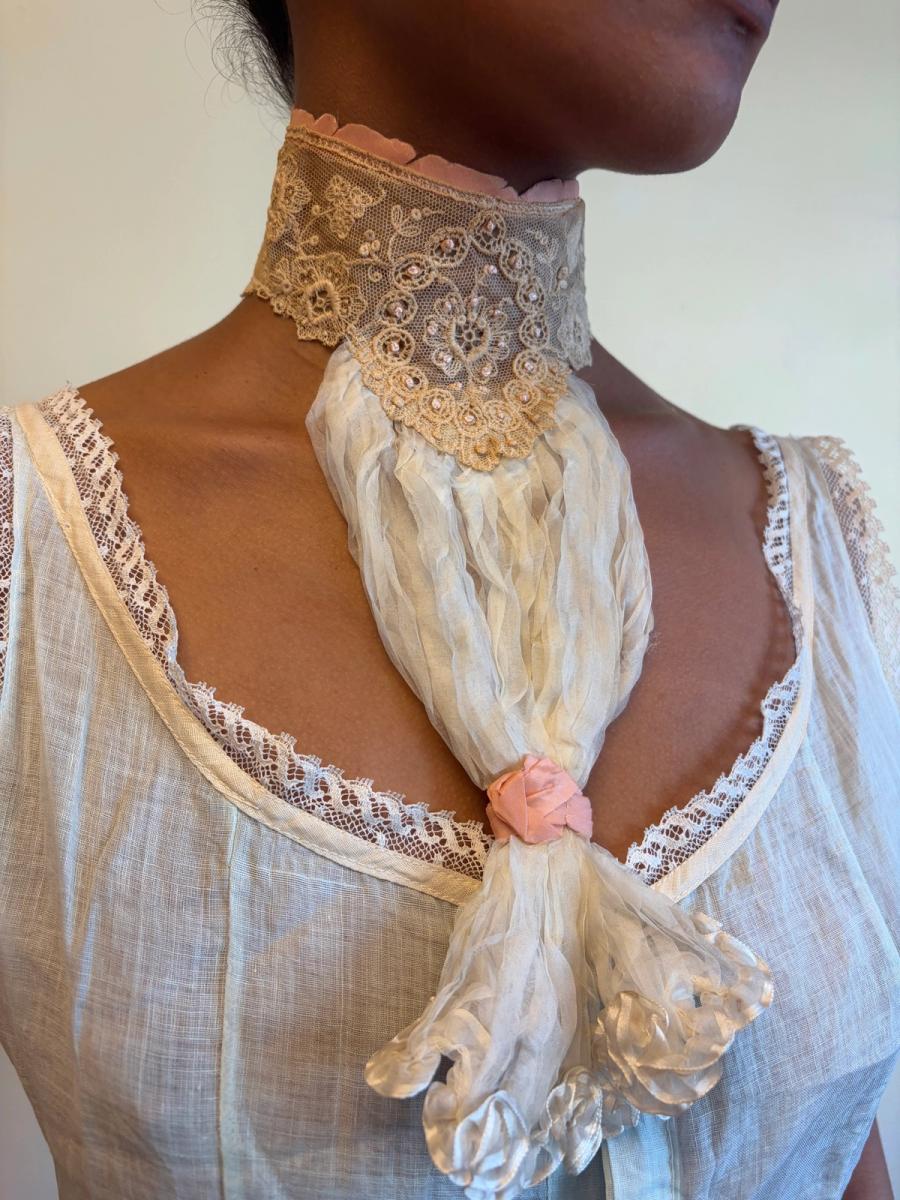 Antique Lace Collar With Beading and Silk Jabot  product image