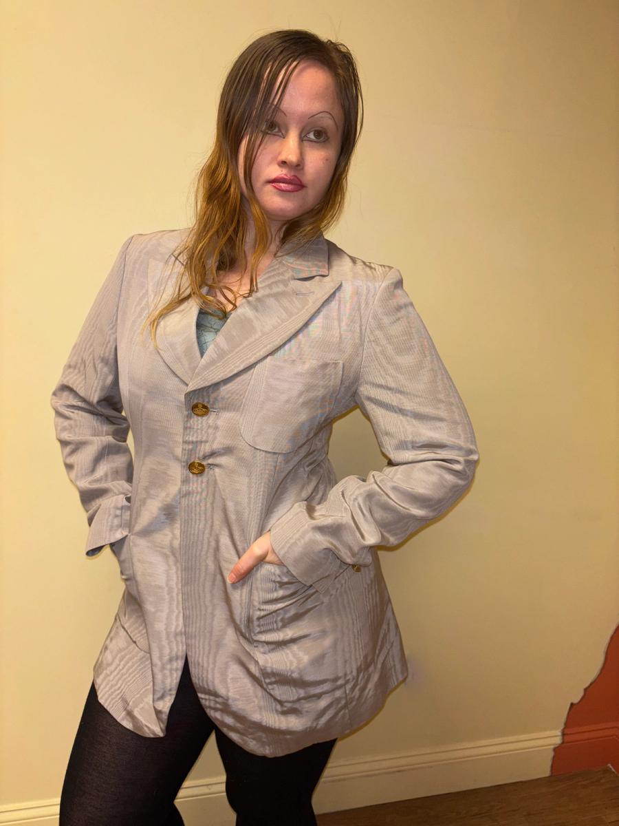 90s Westwood Lavender Moiré Jacket With Engraved Orb Buttons product image