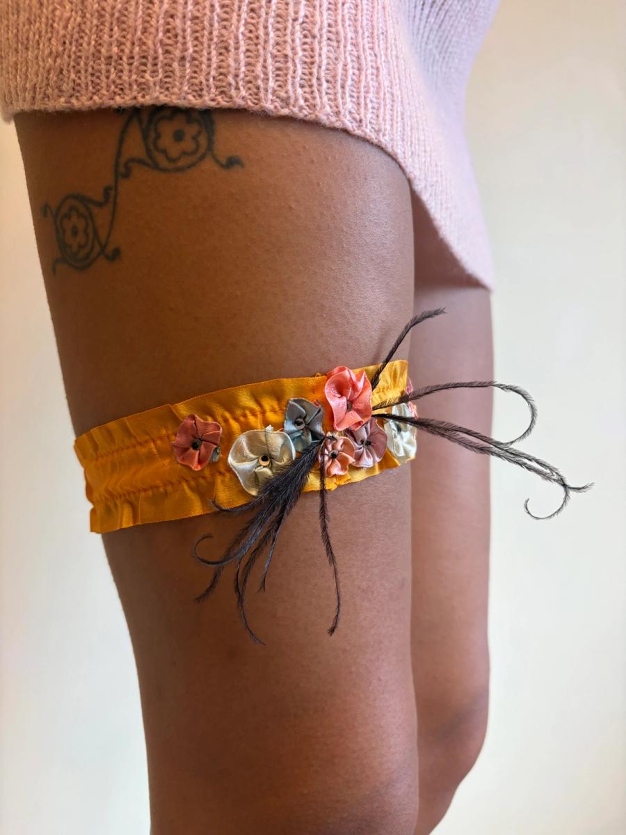 1920s Tangerine Silk Flower Garter with Feather  product image