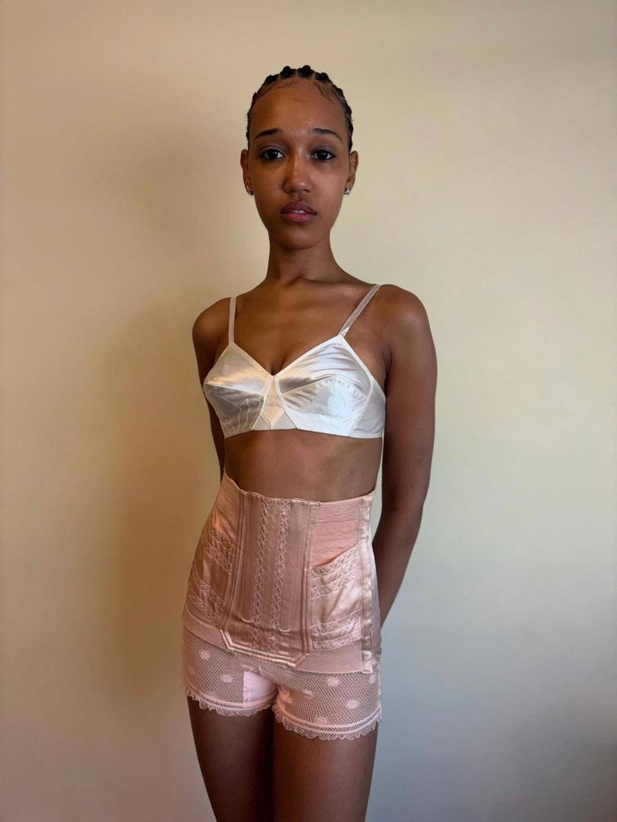 White Satin French Bullet Bra with Embroidered Front product image