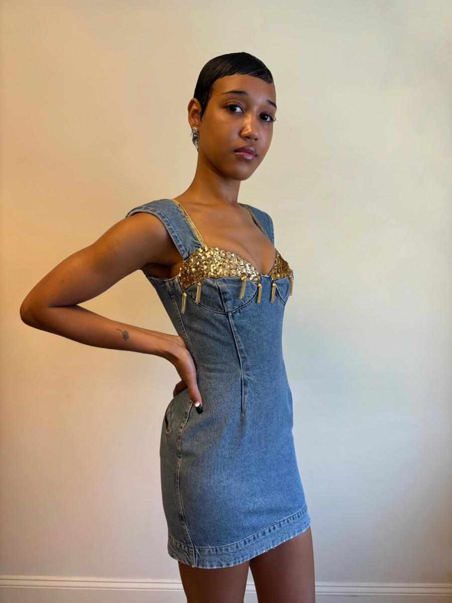 80s Katharine Hamnett Denim Gold Tassel Minidress product image