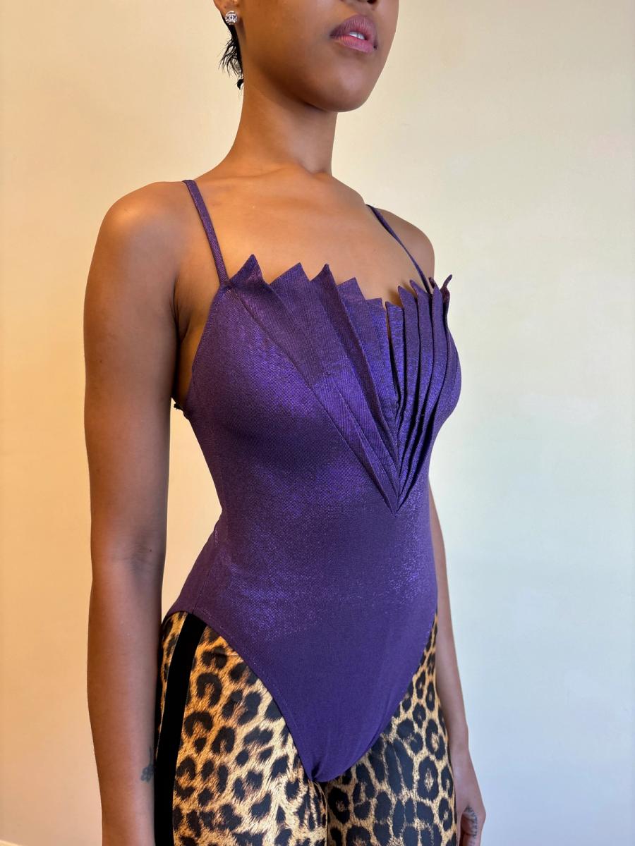 80s Nikos Apostolopoulos Purple Fan-pleated Bodysuit product image
