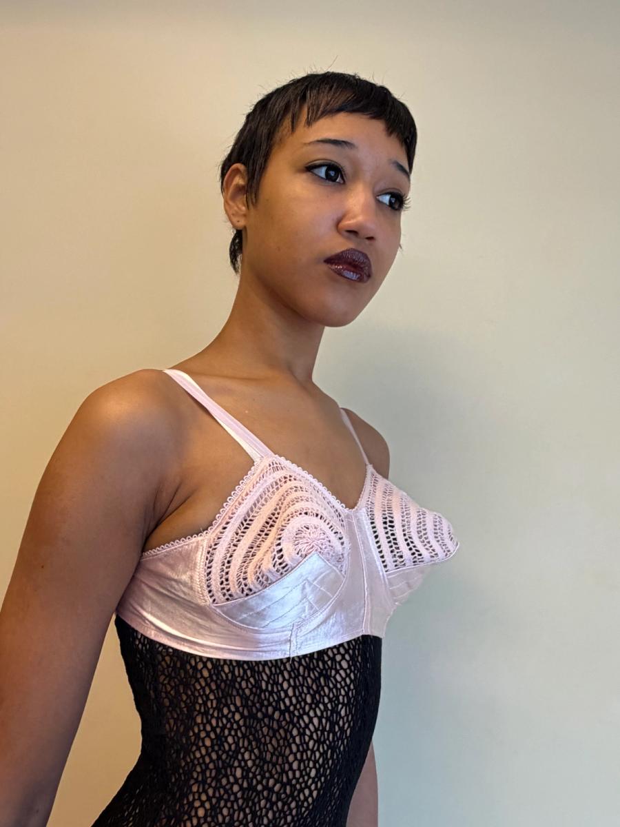 1940s-50s Pink Satin & Crocheted Bullet Bra  product image