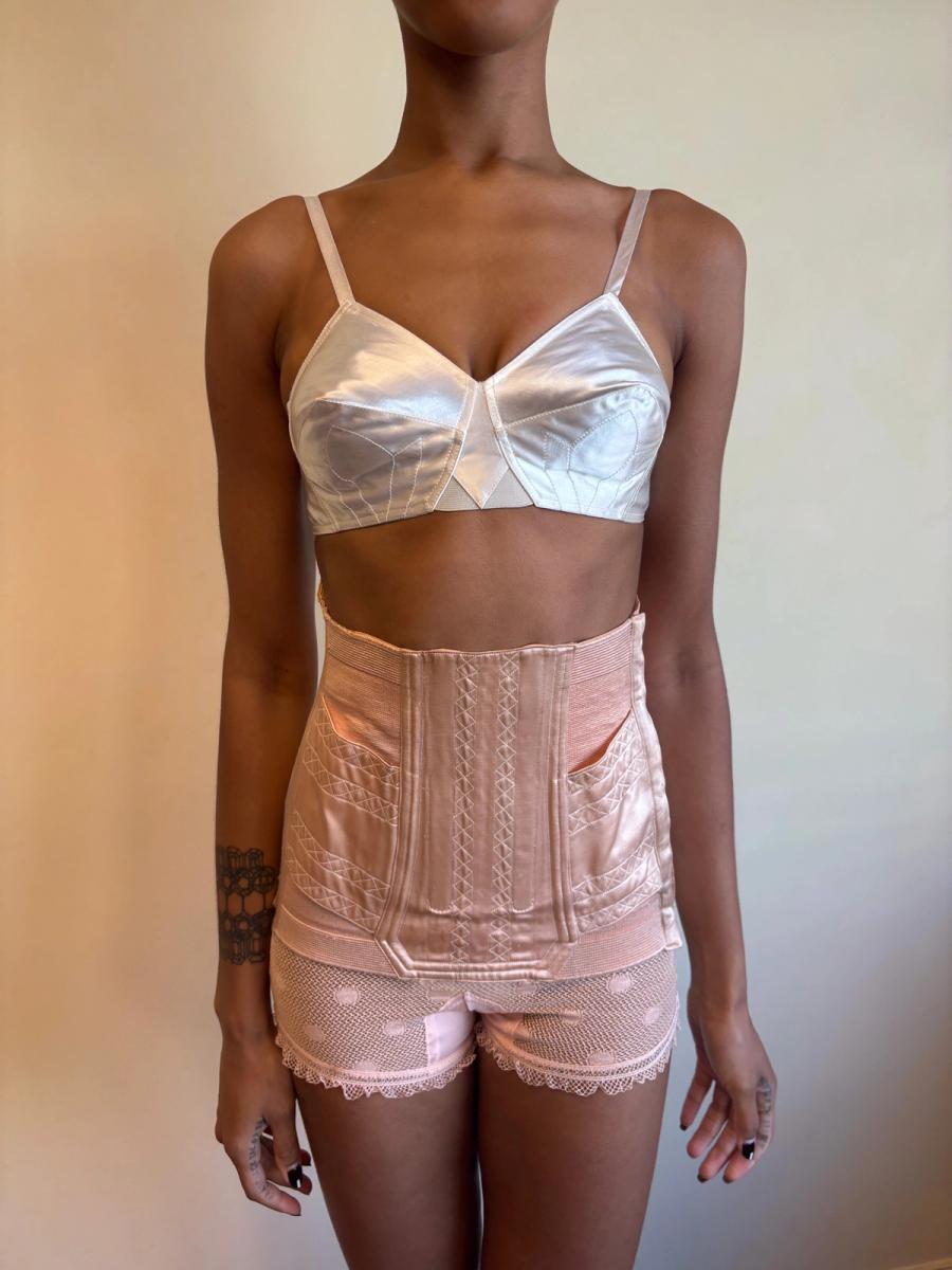 White Satin French Bullet Bra with Embroidered Front product image