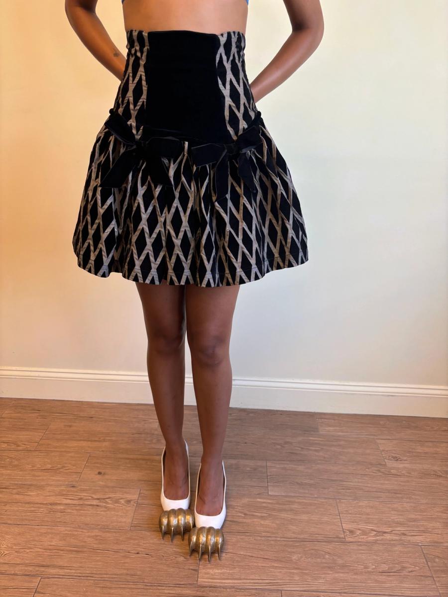 80s Chantal Thomass Hi-Waisted Diamond Flocked Bow Skirt product image