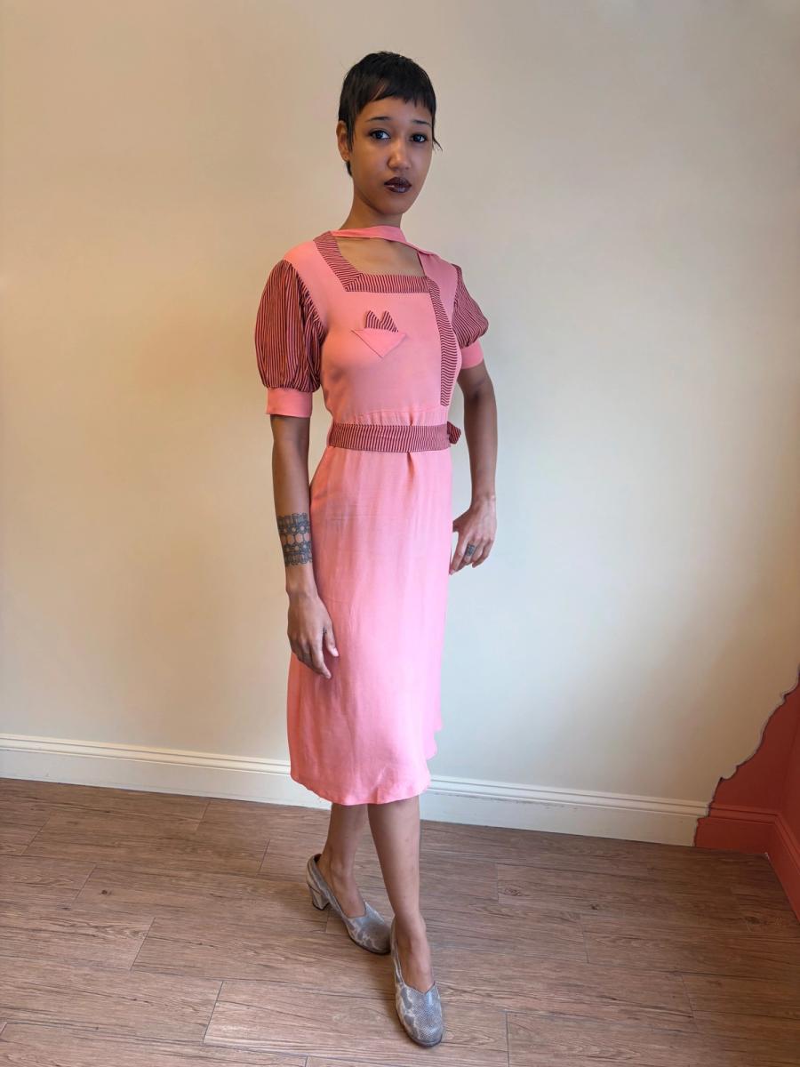 1930s Salmon Pink Day Dress with Scarf Neckline  product image
