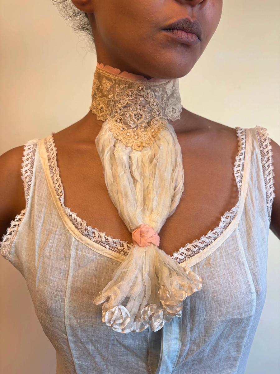 Antique Lace Collar With Beading and Silk Jabot  product image
