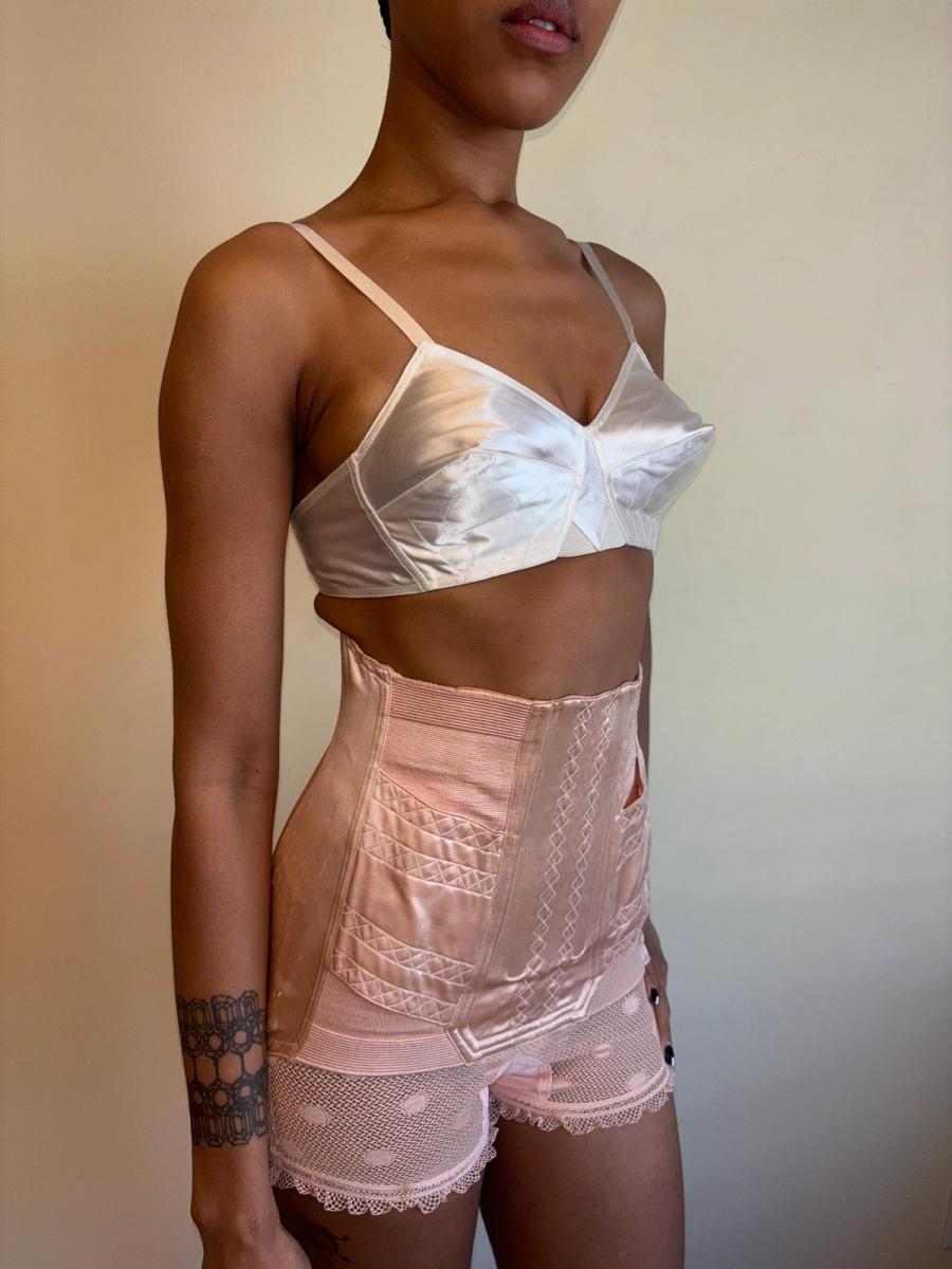 White Satin French Bullet Bra with Embroidered Front product image