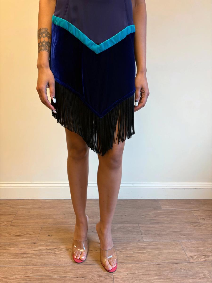 90s Ozbek Velvet and Fringe Dress product image