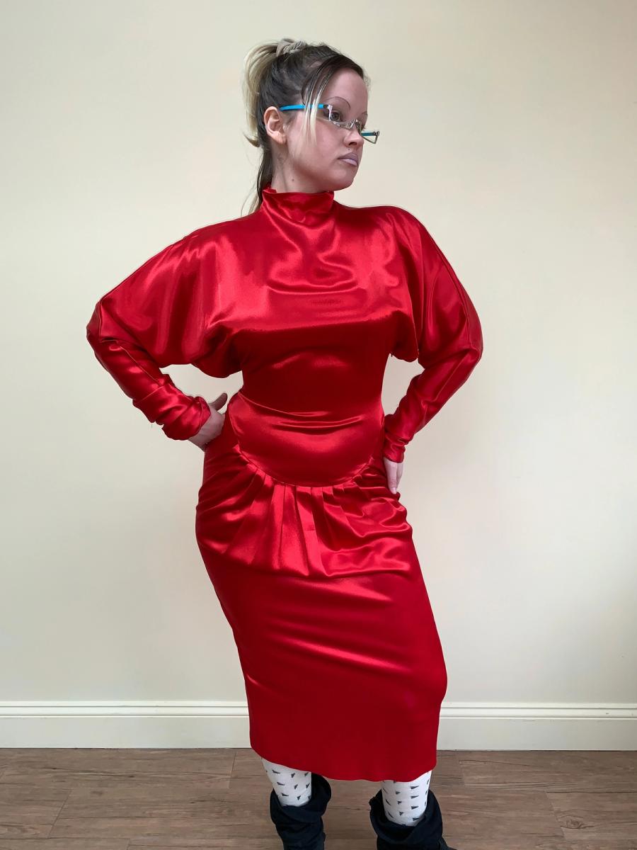 80s Norma Kamali Red Satin Dress product image