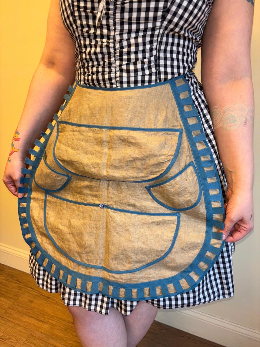 Victorian Natural Linen Apron with Blue Tape Detailing product image