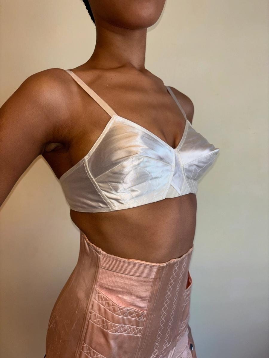 White Satin French Bullet Bra with Embroidered Front product image