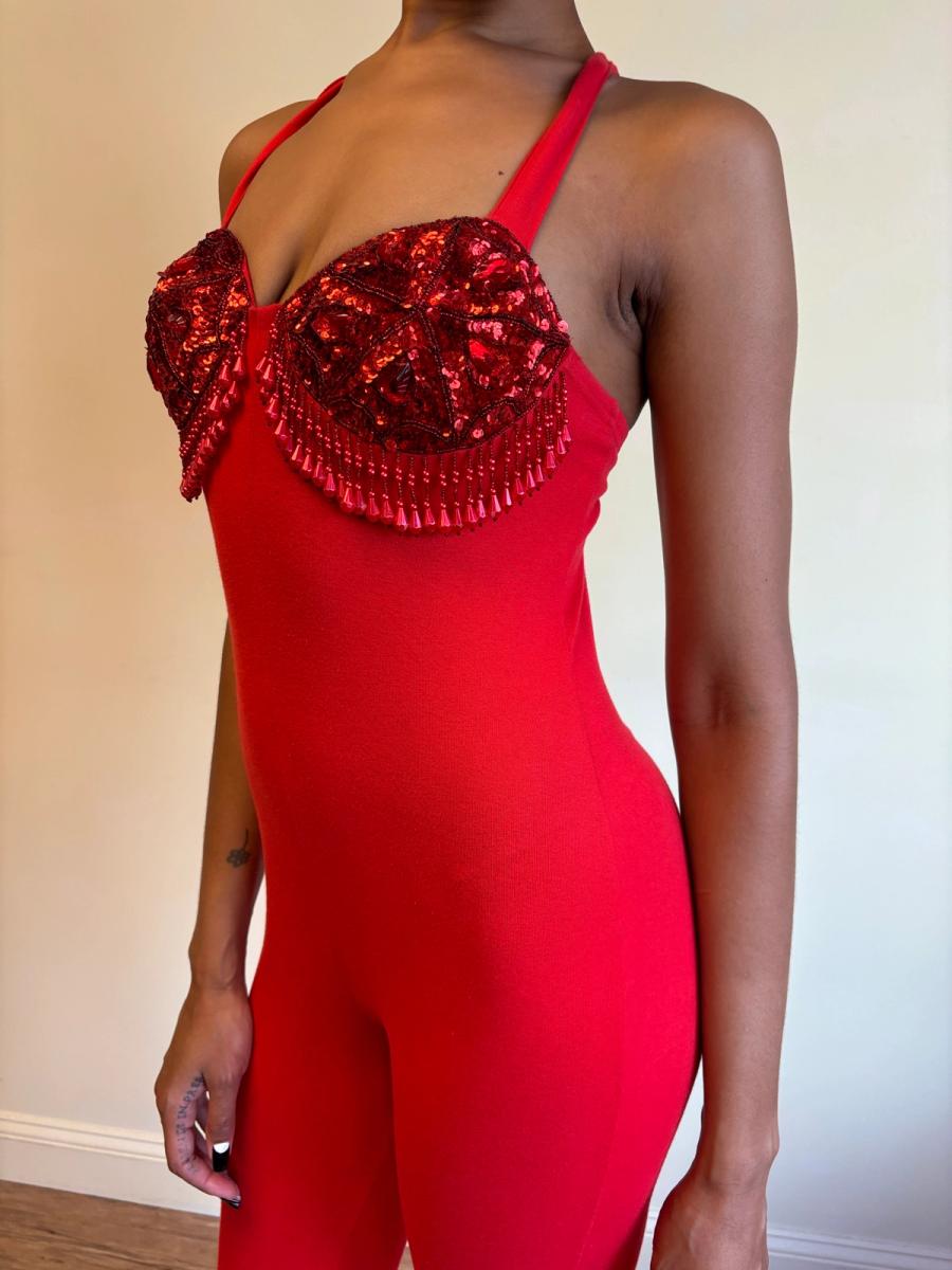 80s Red Beaded Fringe Leotard product image