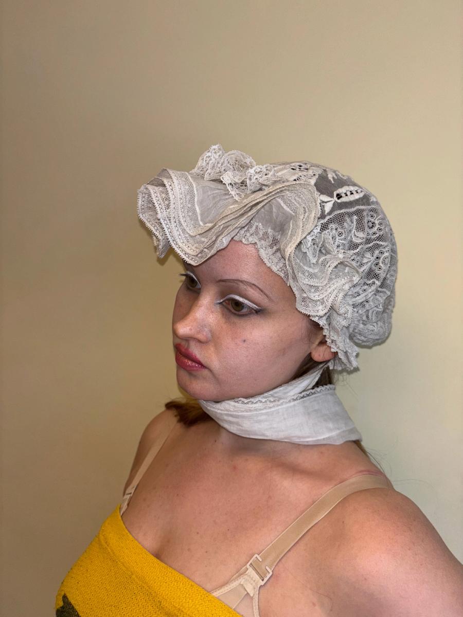 Antique French Embroidered Bonnet with Sashes product image