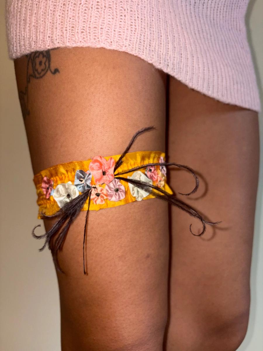 1920s Tangerine Silk Flower Garter with Feather  product image