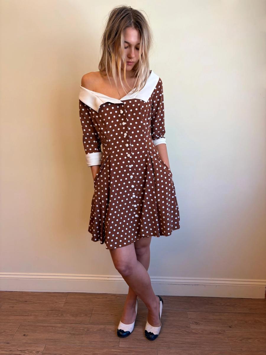 Vintage Norma Kamali Brown Polka Dot Dress product image