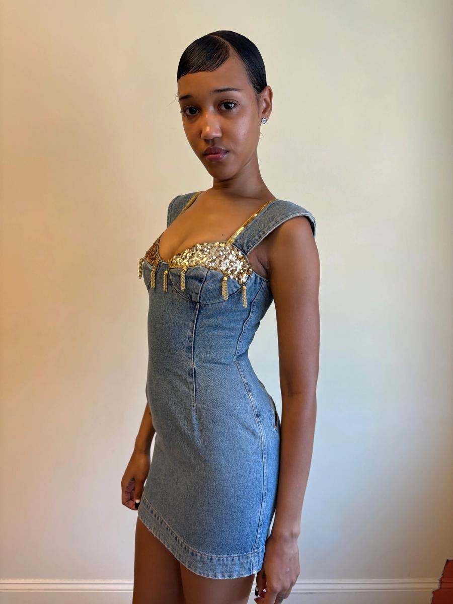 80s Katharine Hamnett Denim Gold Tassel Minidress product image