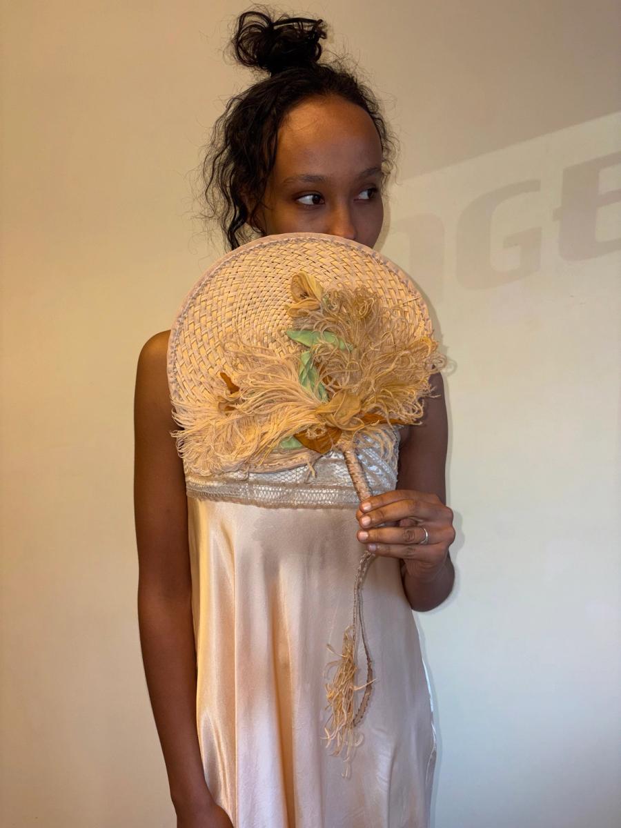 Antique Woven Straw Fan With Exquisite Feather Adornment  product image