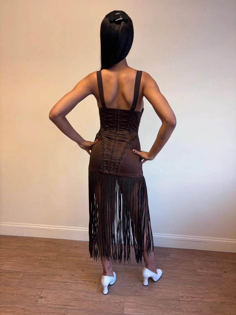 1990 Gaultier Satin Cone Bra Girdle Dres with Lacing Fringe Hem product image