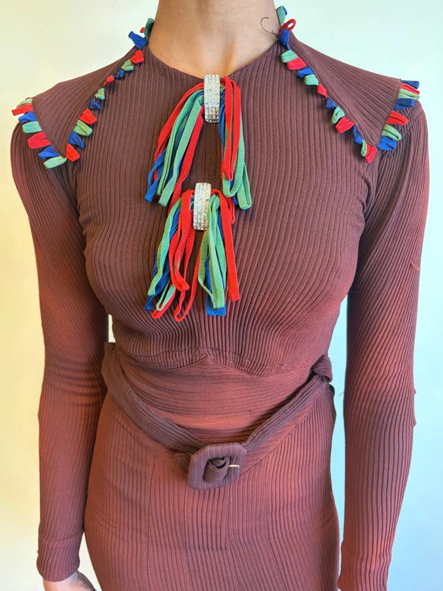 30s or 40s Rib Knit Rhinestone and Ribbon Dress product image