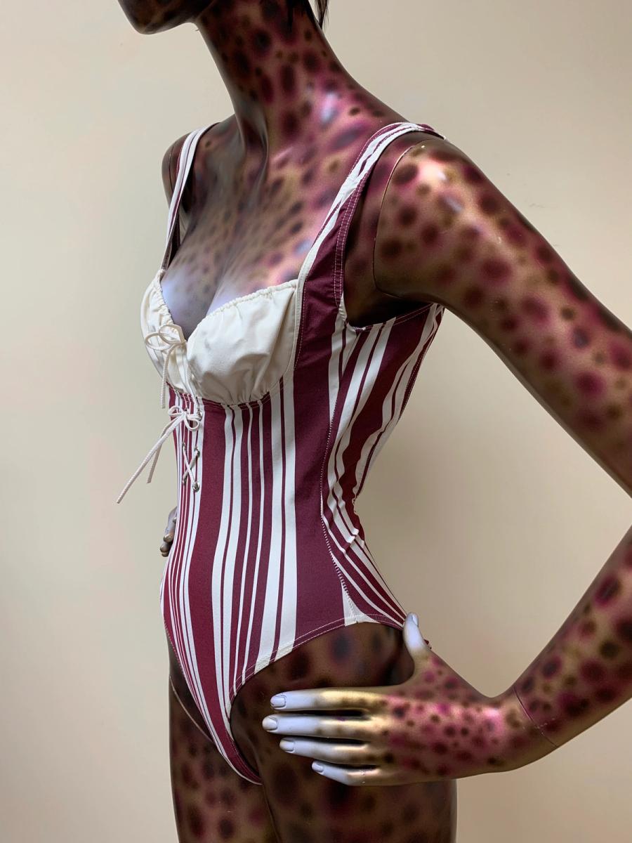 Chantal Thomass Striped Hi-Cut Bodysuit With Cinching Neckline product image