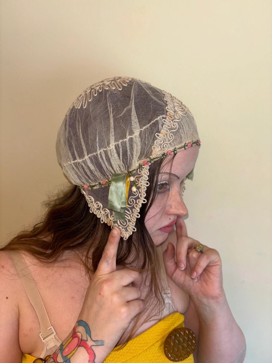 1920s French Bonnet with Yellow Ribbon product image