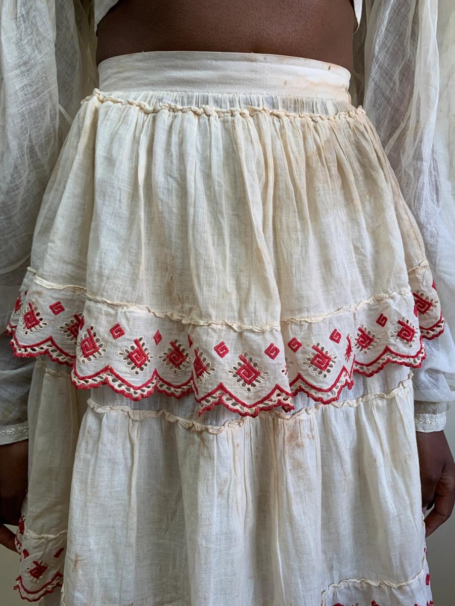 1880s Tiered Muslin Skirt with Embroidered Greek Key product image