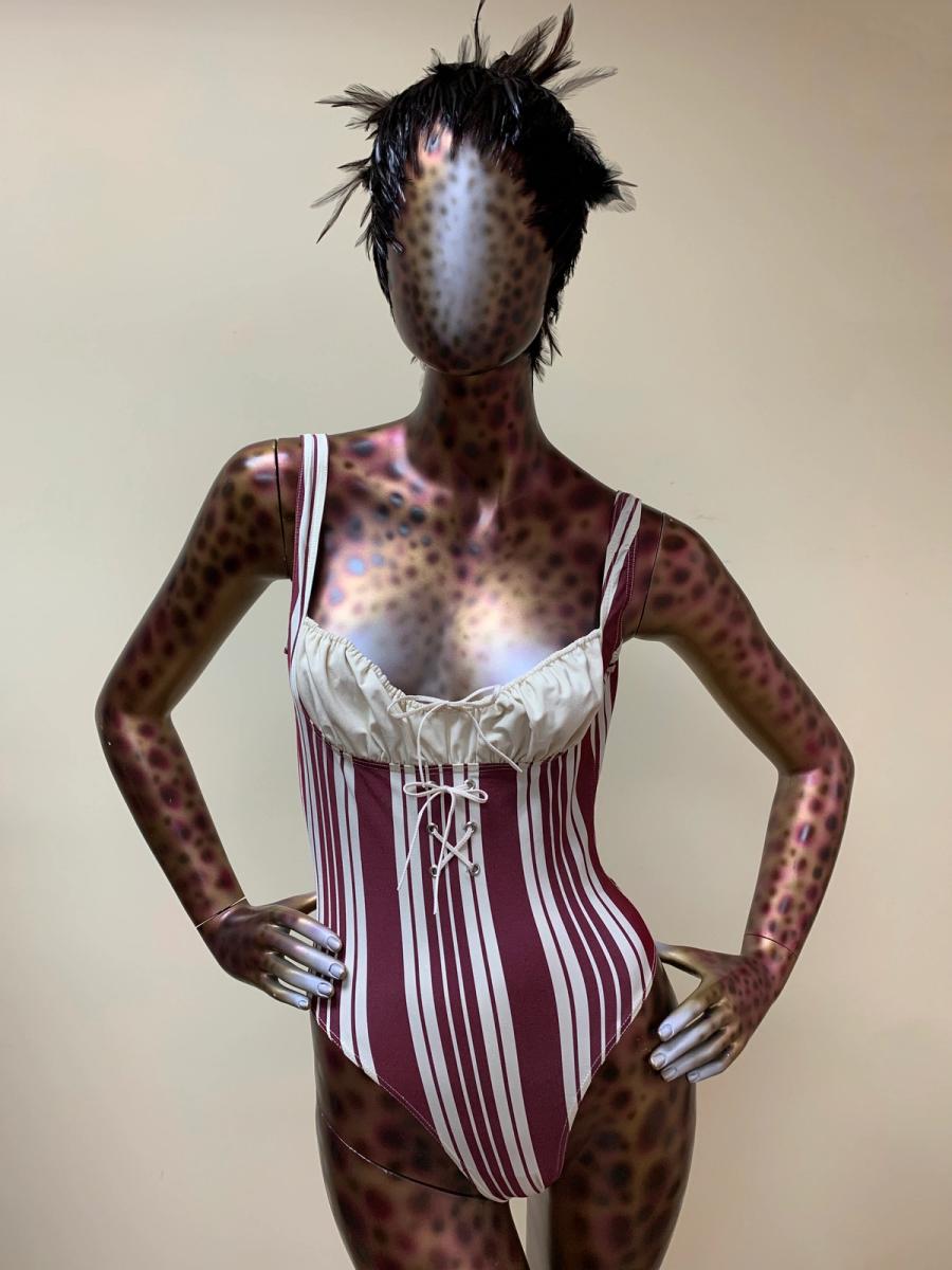 Chantal Thomass Striped Hi-Cut Bodysuit With Cinching Neckline product image