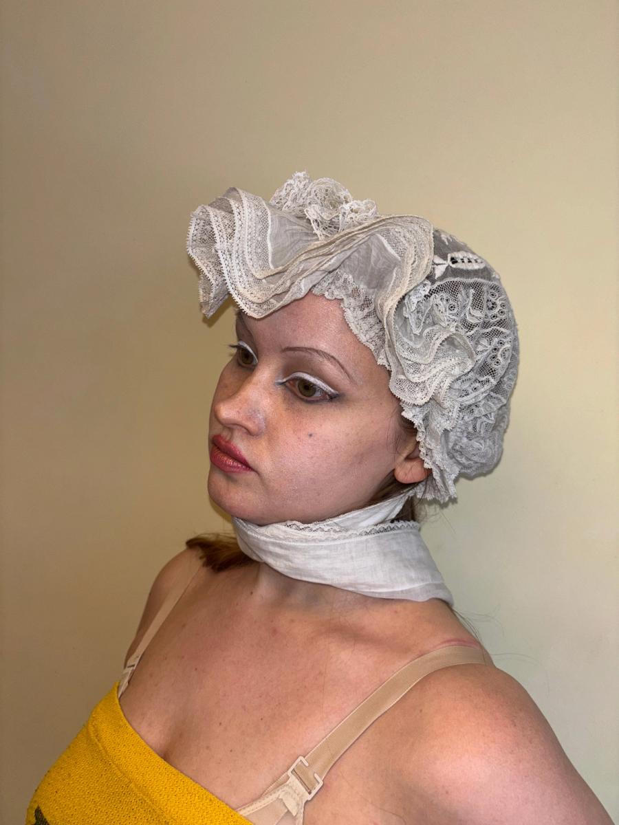 Antique French Embroidered Bonnet with Sashes product image