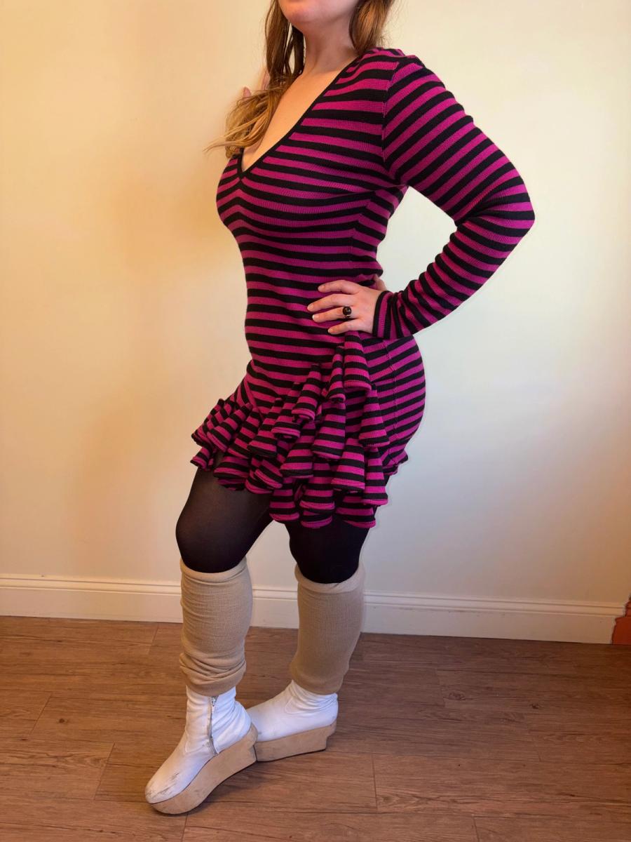 1980s Dorothée Bis Hot Pink Striped Dress With Dimensional Rosettes product image