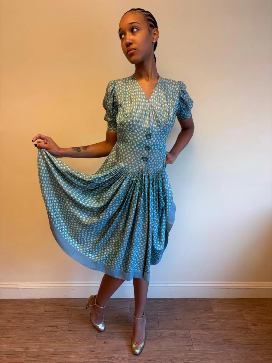 1940s Turquoise Floral Cold Rayon Dress product image