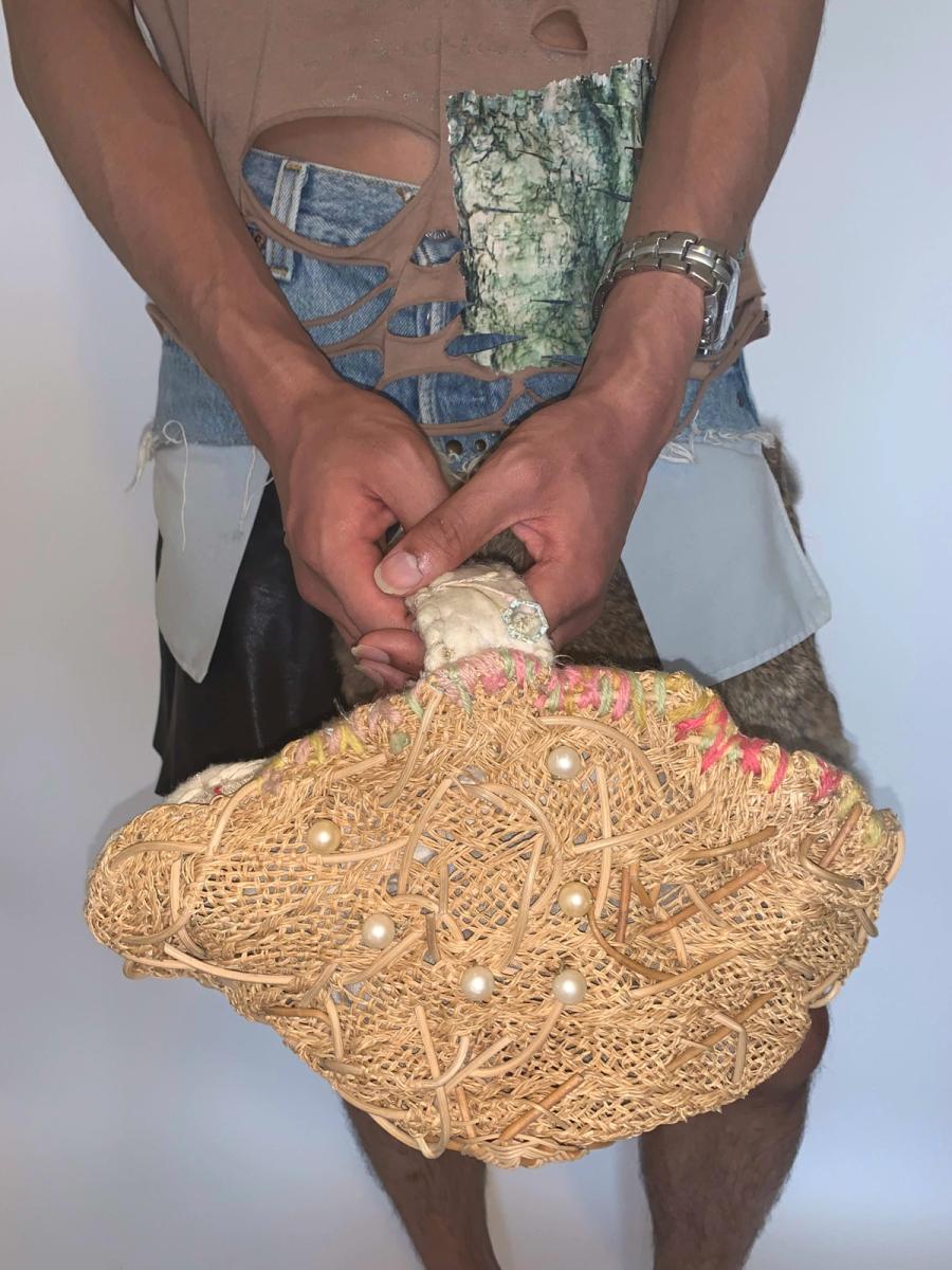 Yoshiko Asymmetrical Basket Bag with Pearl Accent