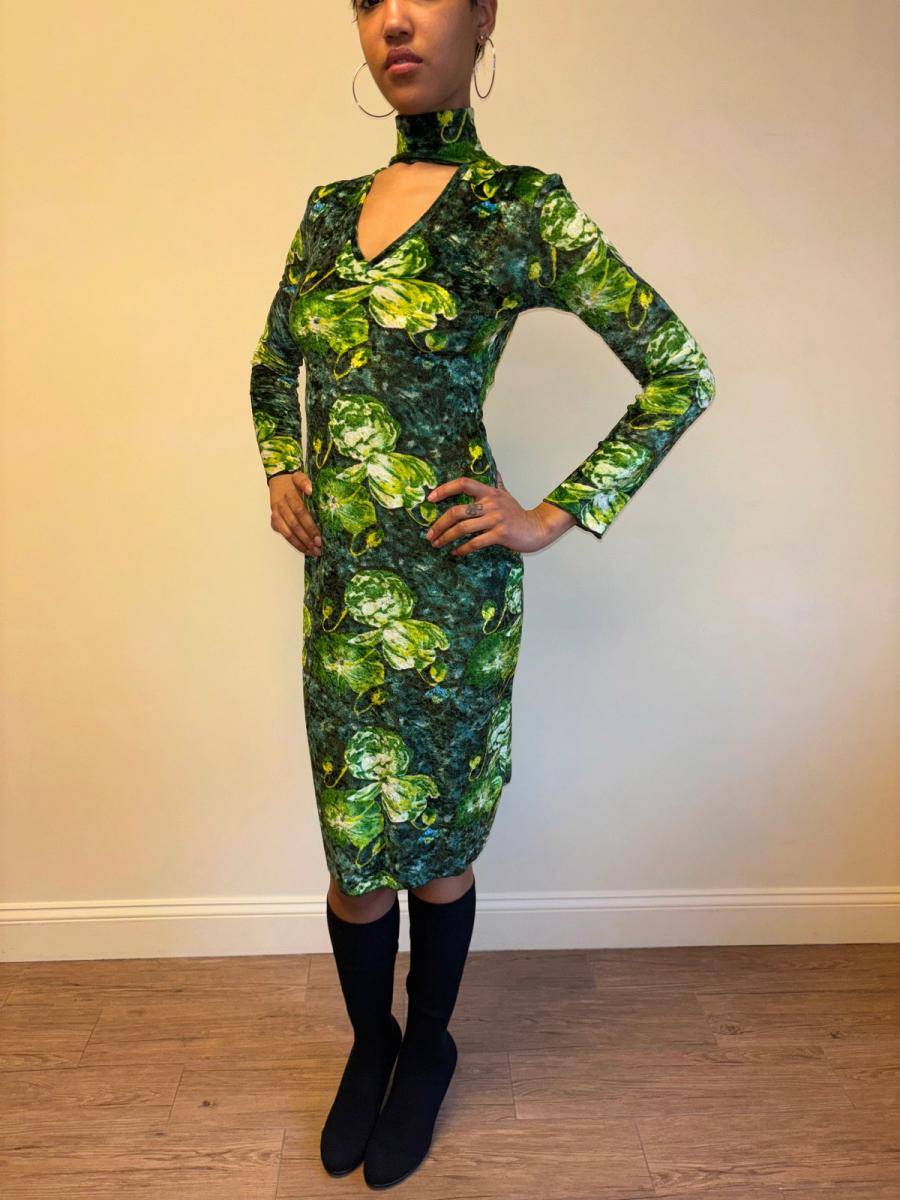 90s Jean Colonna Green Floral Crushed Velvet Dress 