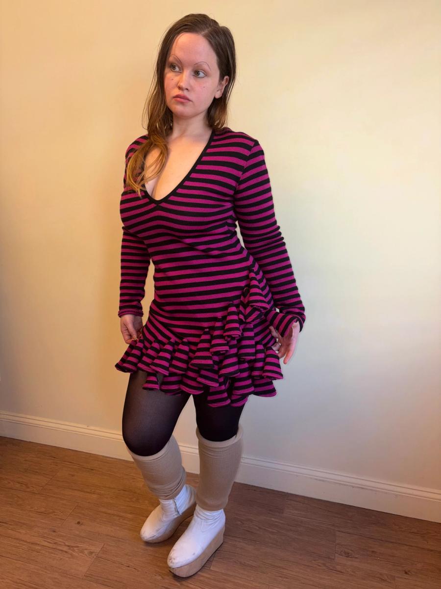 1980s Dorothée Bis Hot Pink Striped Dress With Dimensional Rosettes product image