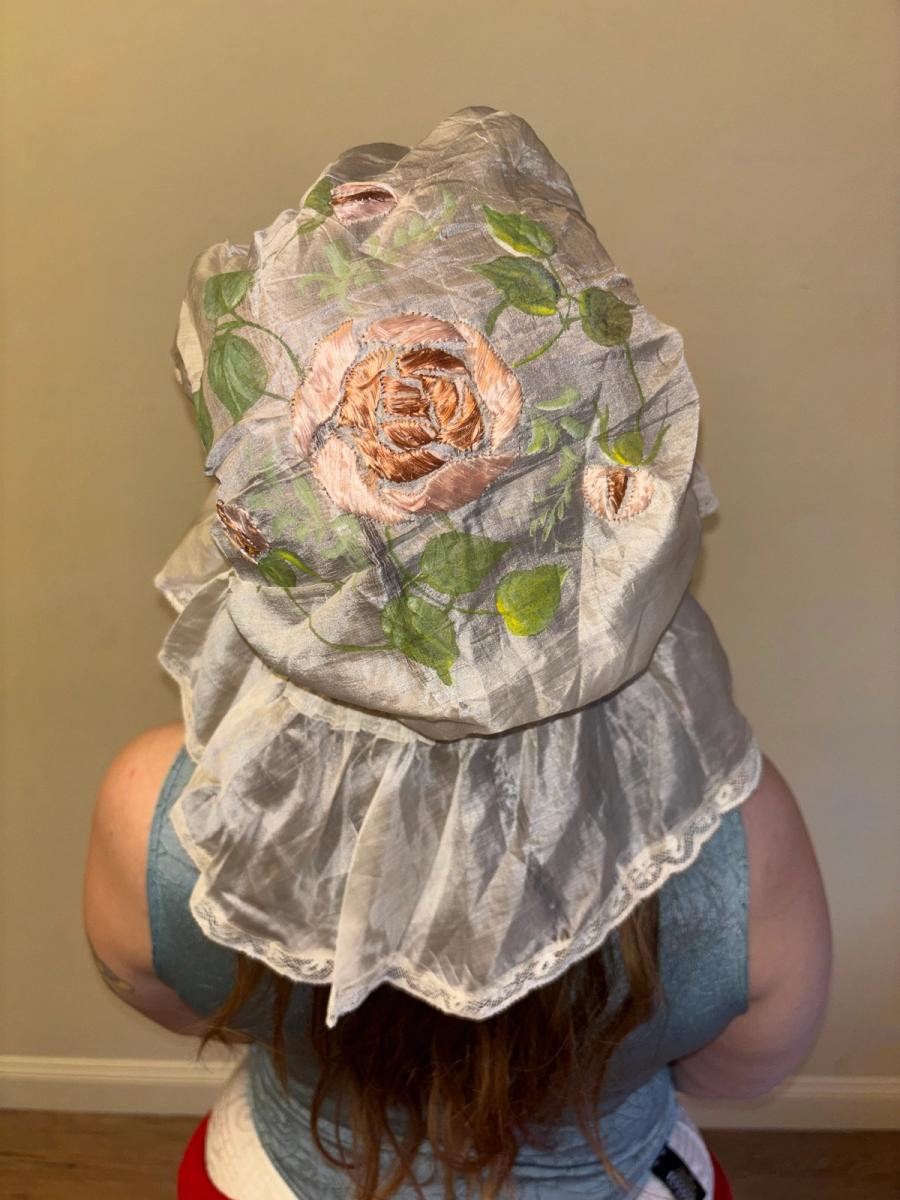 Antique Silk Sleeping Cap with Painted & Embroidered Rose product image