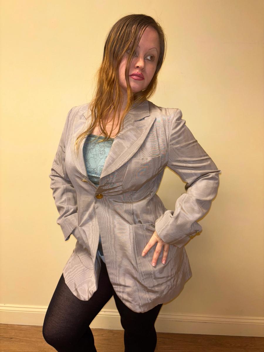 90s Westwood Lavender Moiré Jacket With Engraved Orb Buttons product image