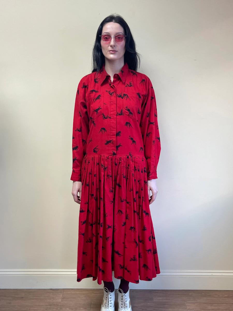 1980s Norma Kamali Flannel Horse Print Dress product image