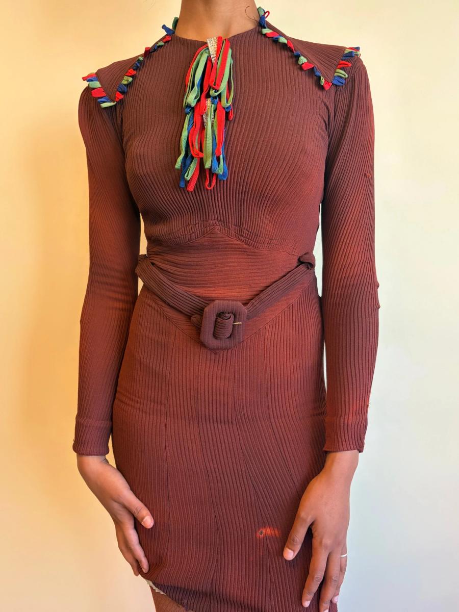 30s or 40s Rib Knit Rhinestone and Ribbon Dress product image