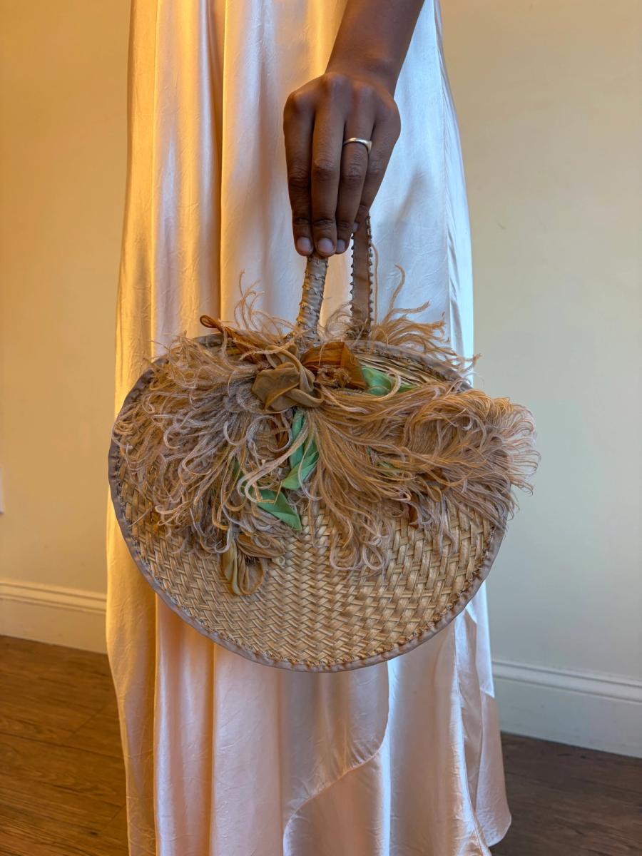 Antique Woven Straw Fan With Exquisite Feather Adornment  product image